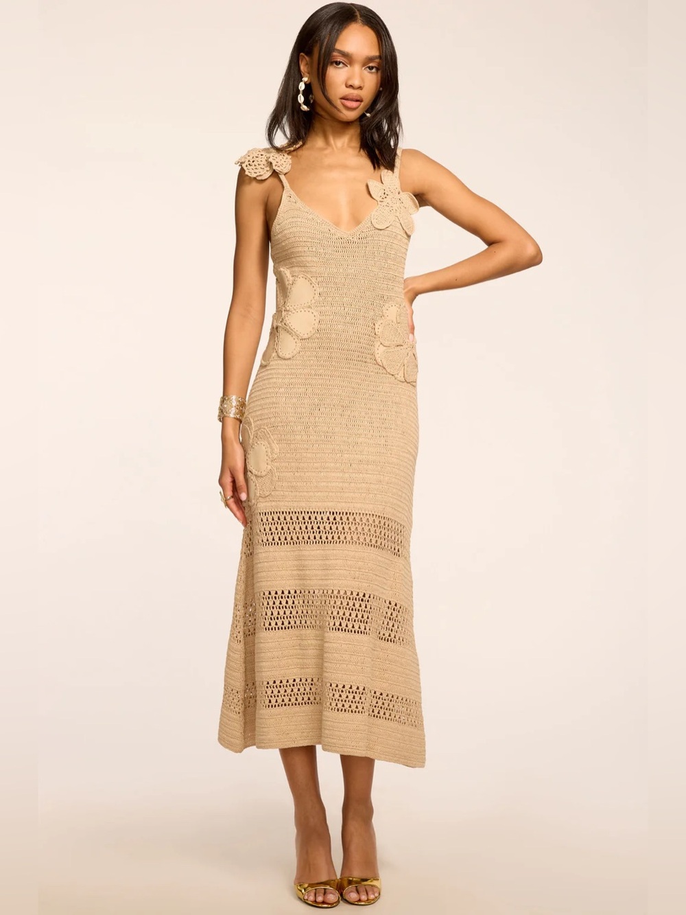 NWT New Ramy Brook Camille Crochet Knit Midi Dress Sandstone Size Small